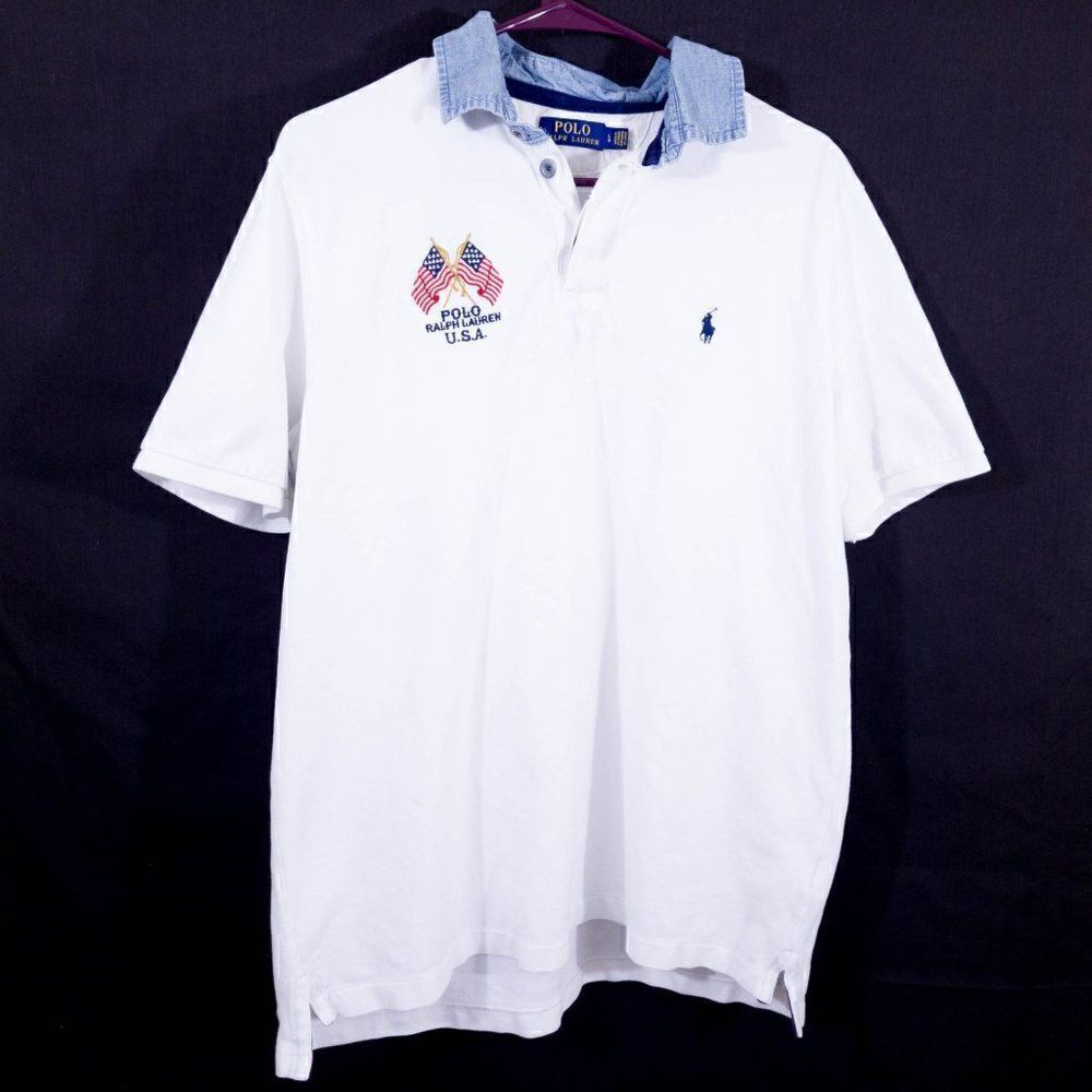 PoloβRalphβLauren,βWhite,βDenimβCollarβPolo,βMen'sβLarge